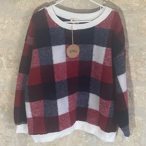NWT BIBI Checkered Loose Fit Faux Fur Fleece Style Top Red and Navy